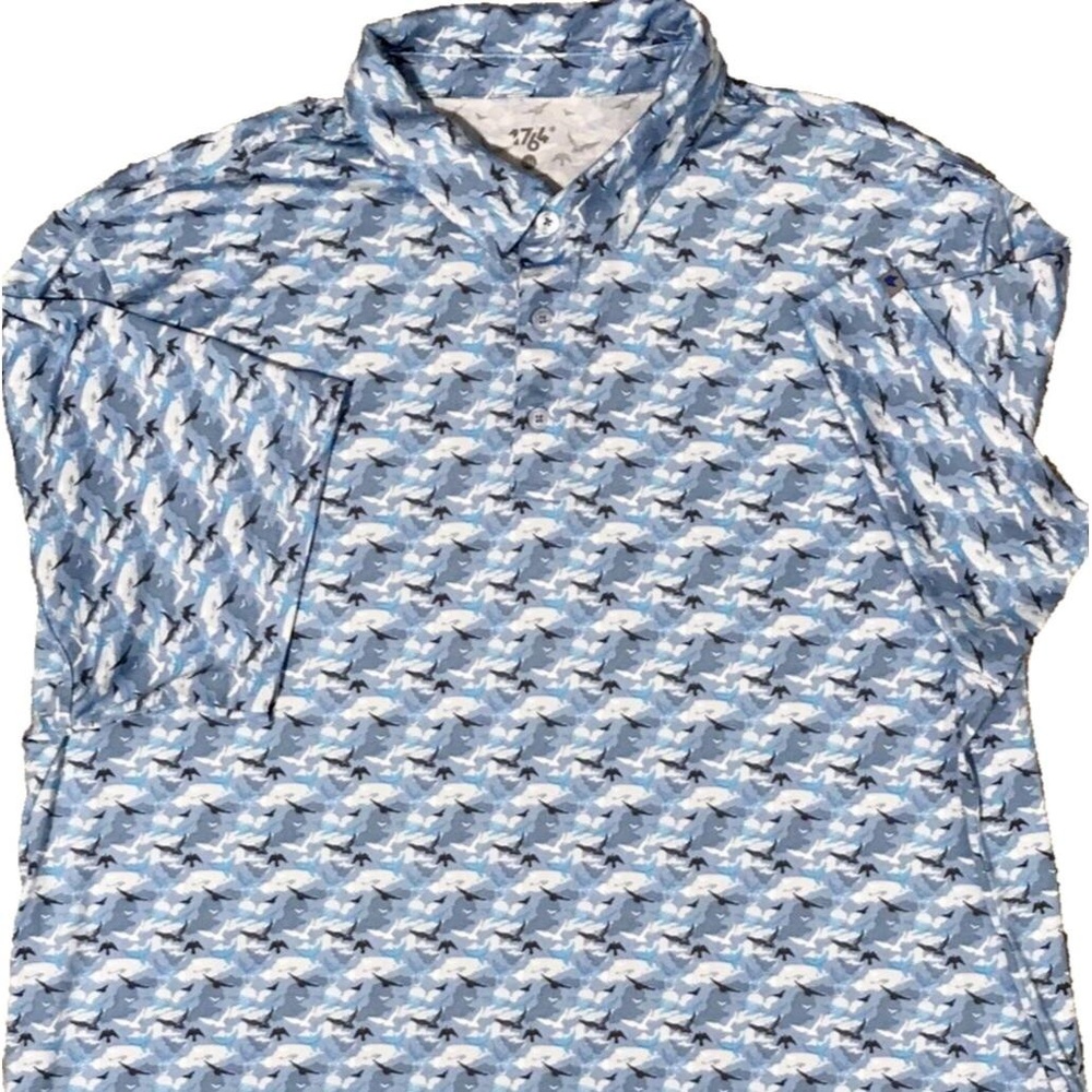 1764 Performance Golf Polo Shirt Mens 2XL Short Sleeve Blue Flock of Birds Print
